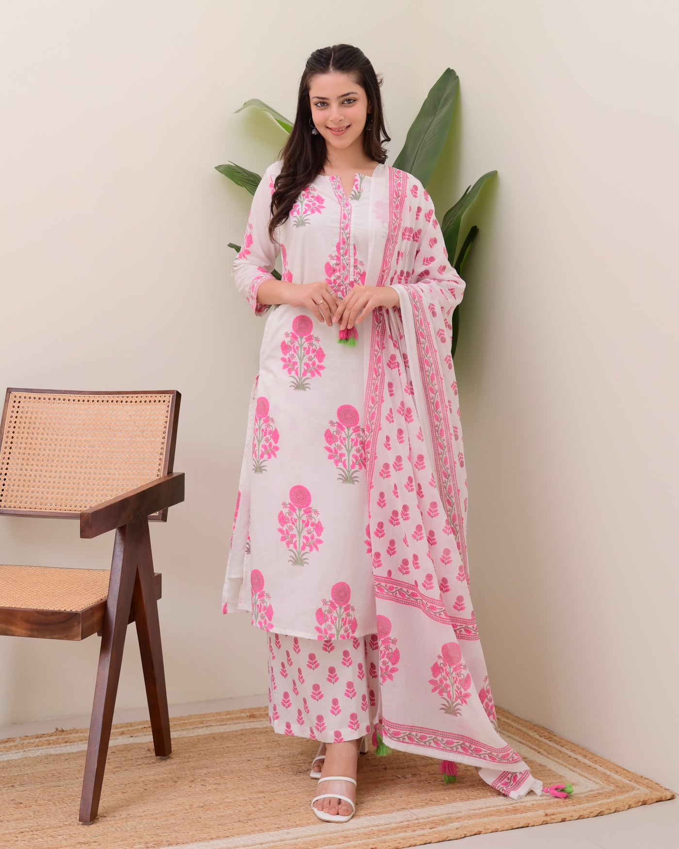 Pink White Floral Cotton Kurta Palazzo Suit