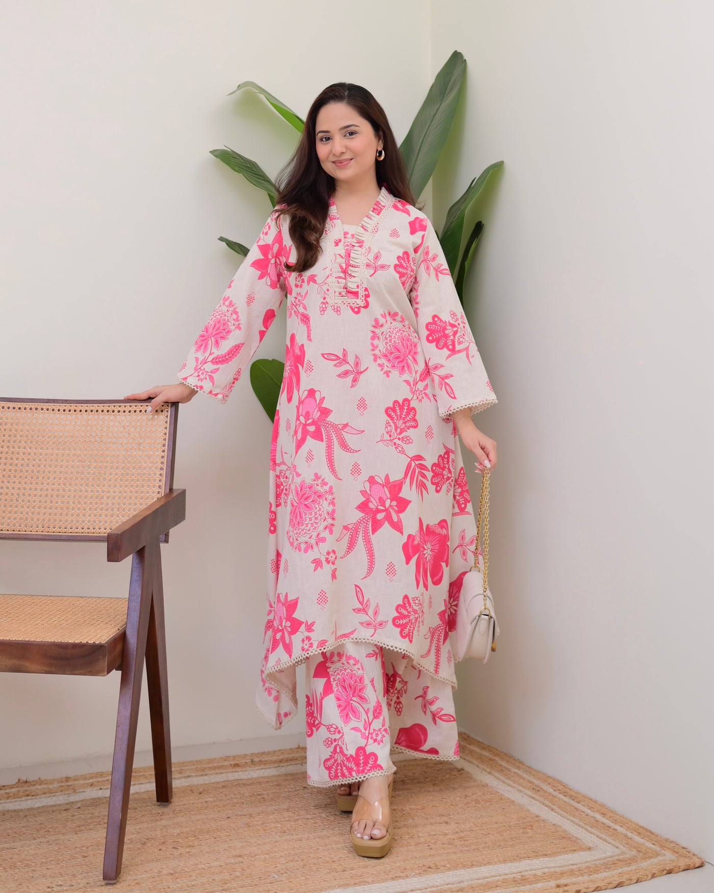 Pink Floral A Line Cotton Kurta Set