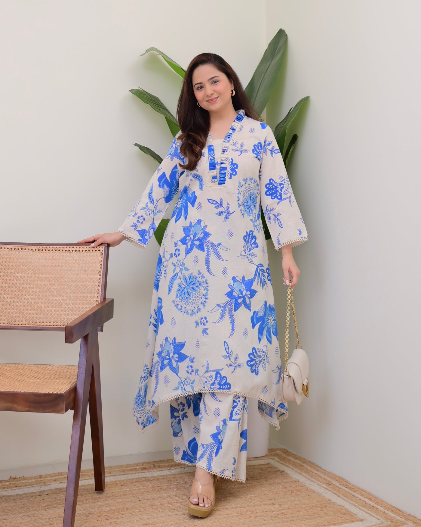 Blue Floral A Line Cotton Kurta Set