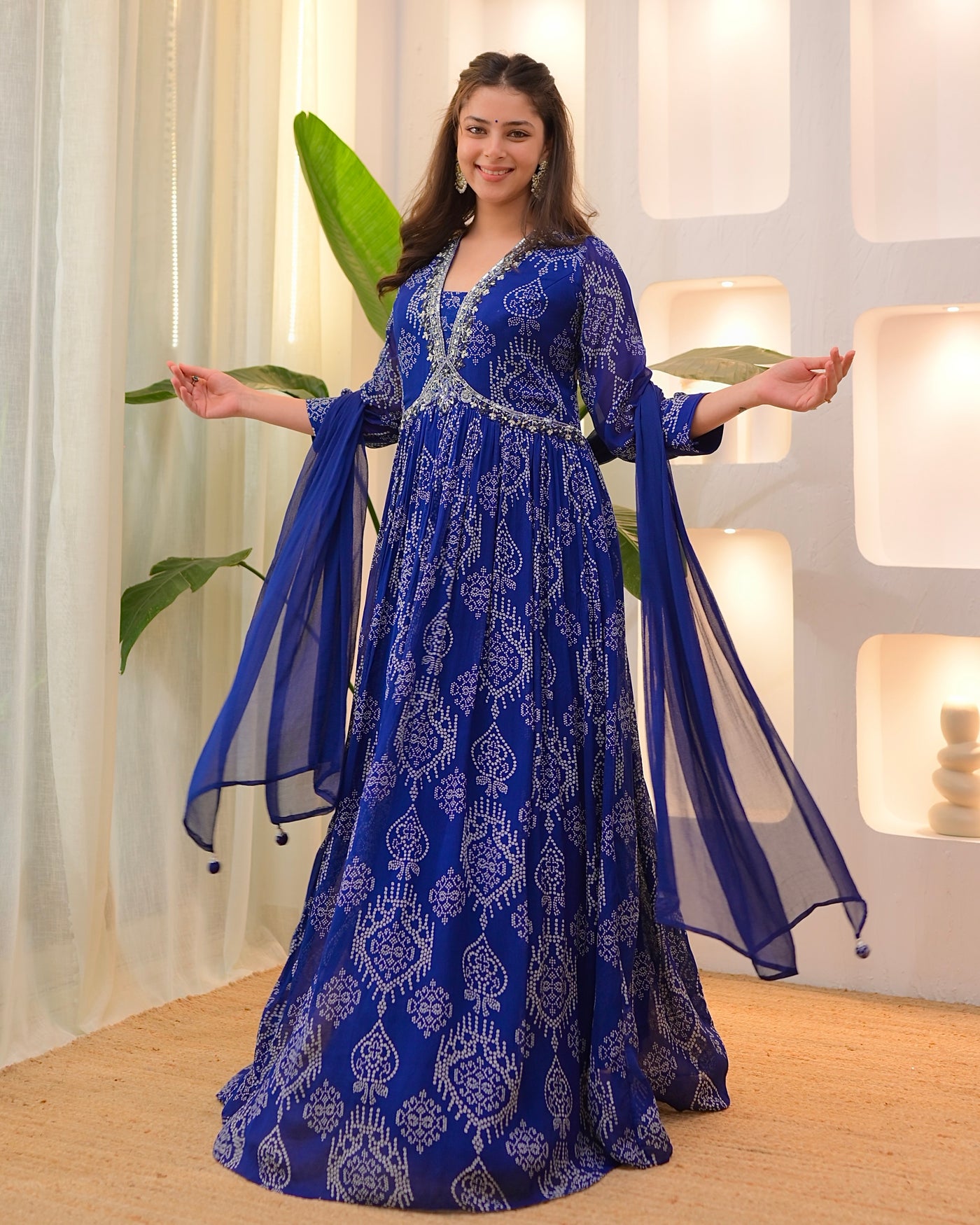 Navy Blue Handwork Chinnon Flared Anarkali Suit