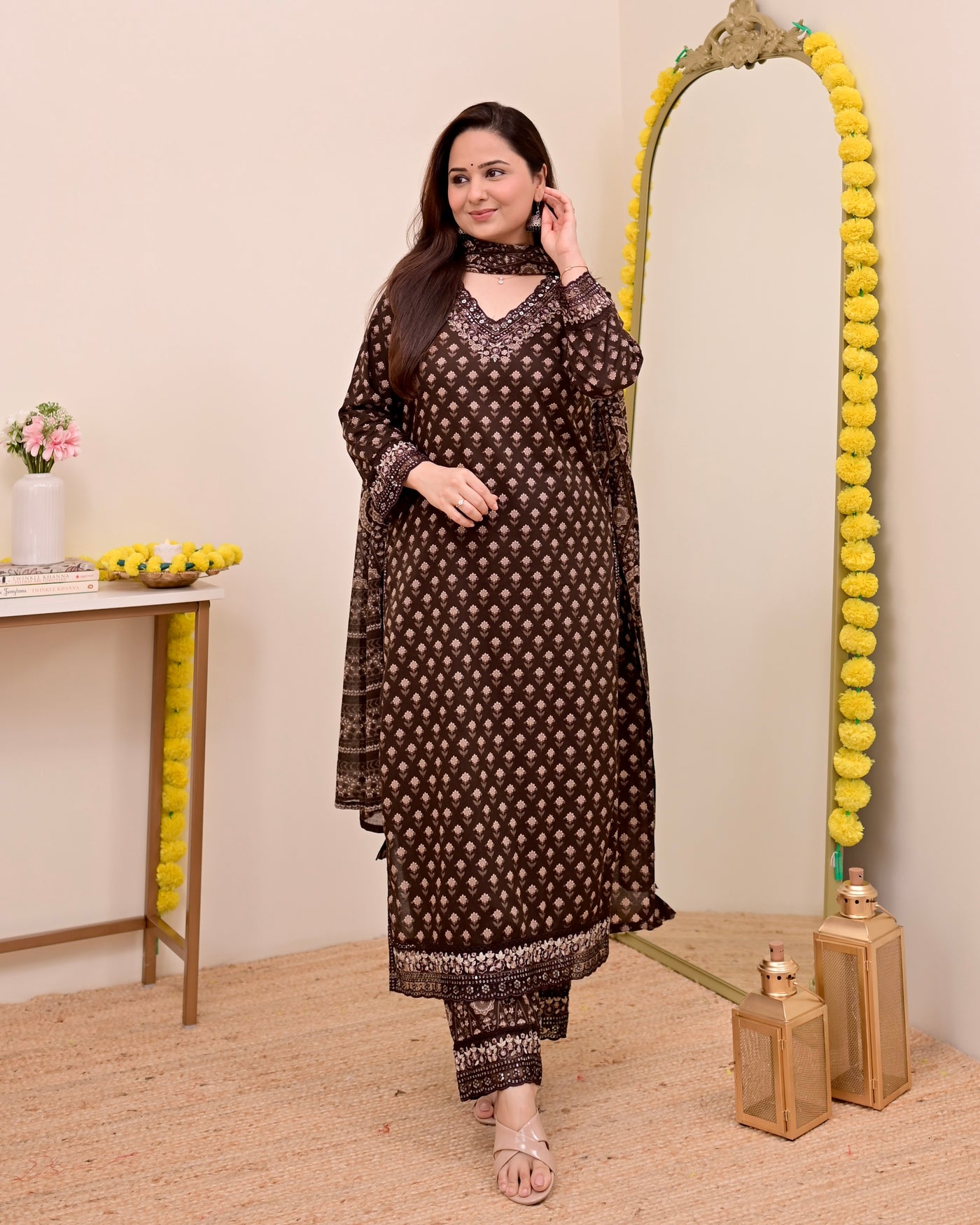 Mocha Brown Blossom Floral Cotton Suit