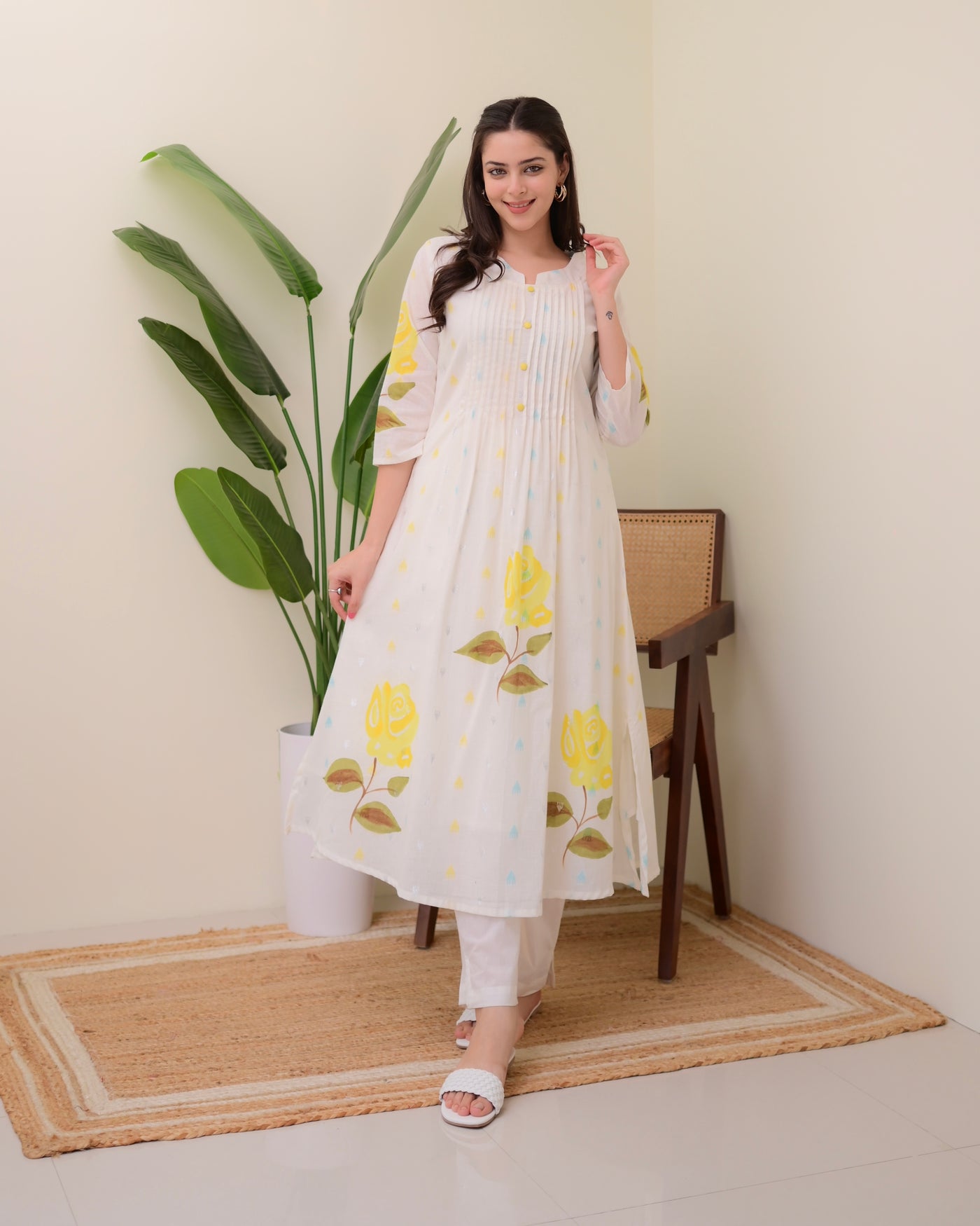 Yellow Rose Pintex Mul Cotton A Line Kurta Set