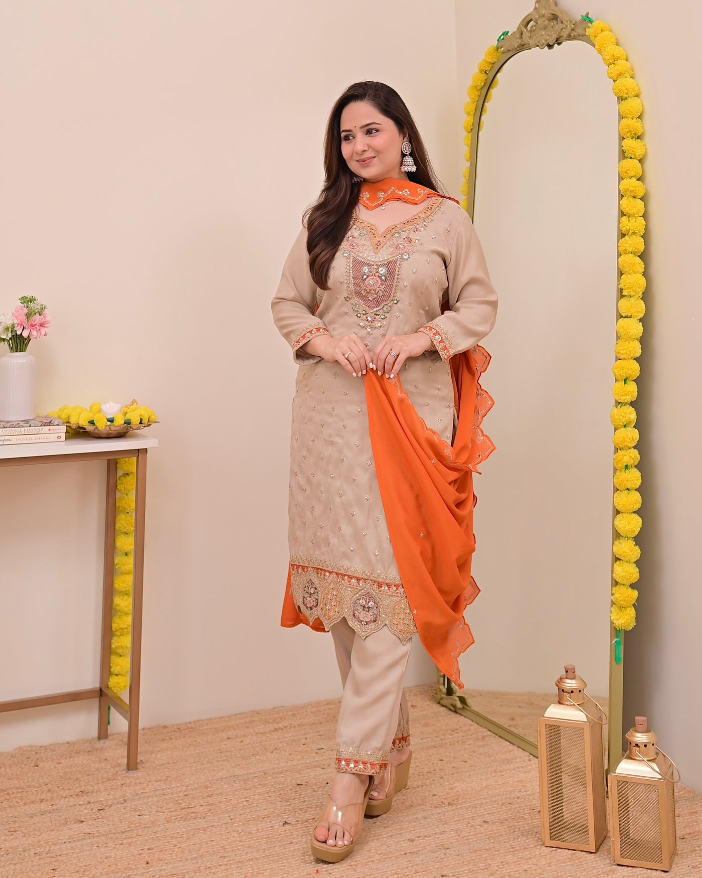 Sunkissed Ivory Chanderi Silk Handwork Festive Suit