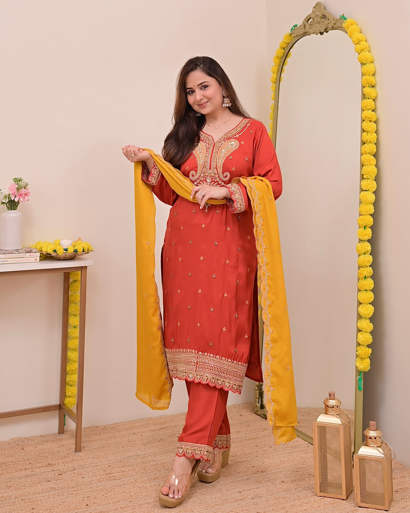 Tangerine Glow Paisley Chanderi Silk Handwork Festive Suit