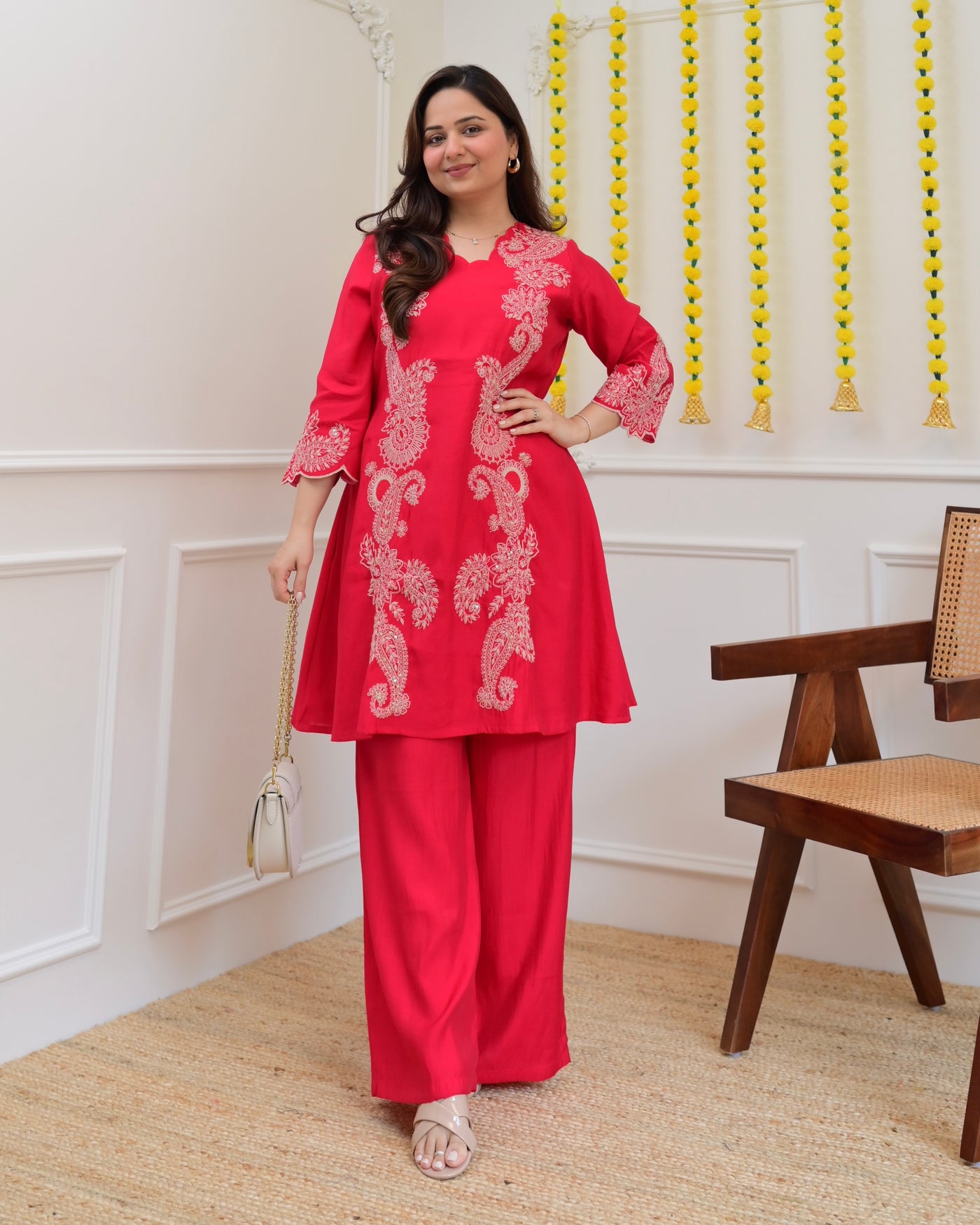 Pink Muslin Silk Paisley Threadwork Festive Co-ord