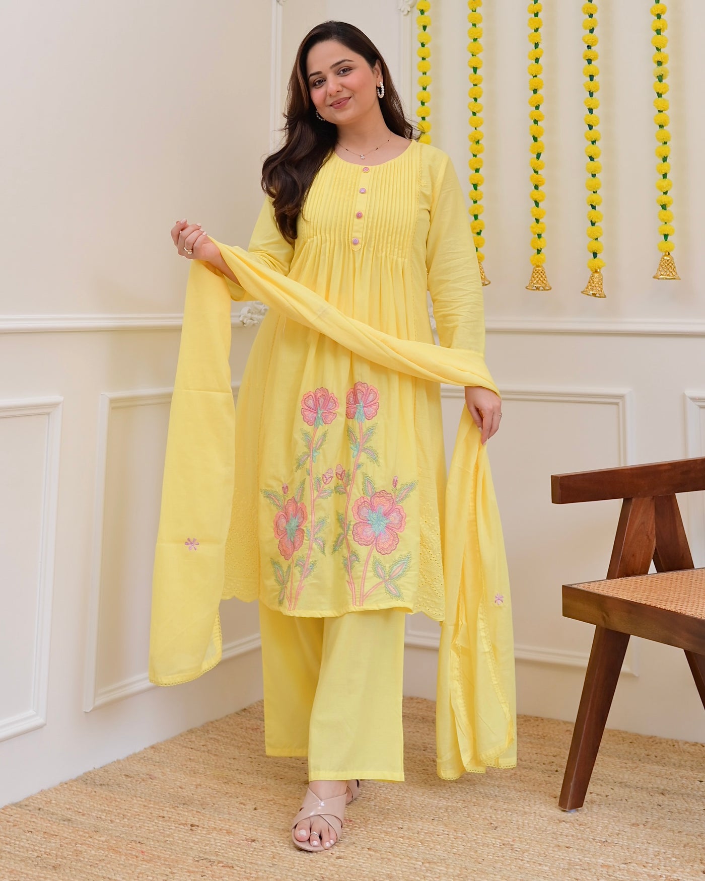 Yellow Pintex Threadwork A Line Cotton Suit