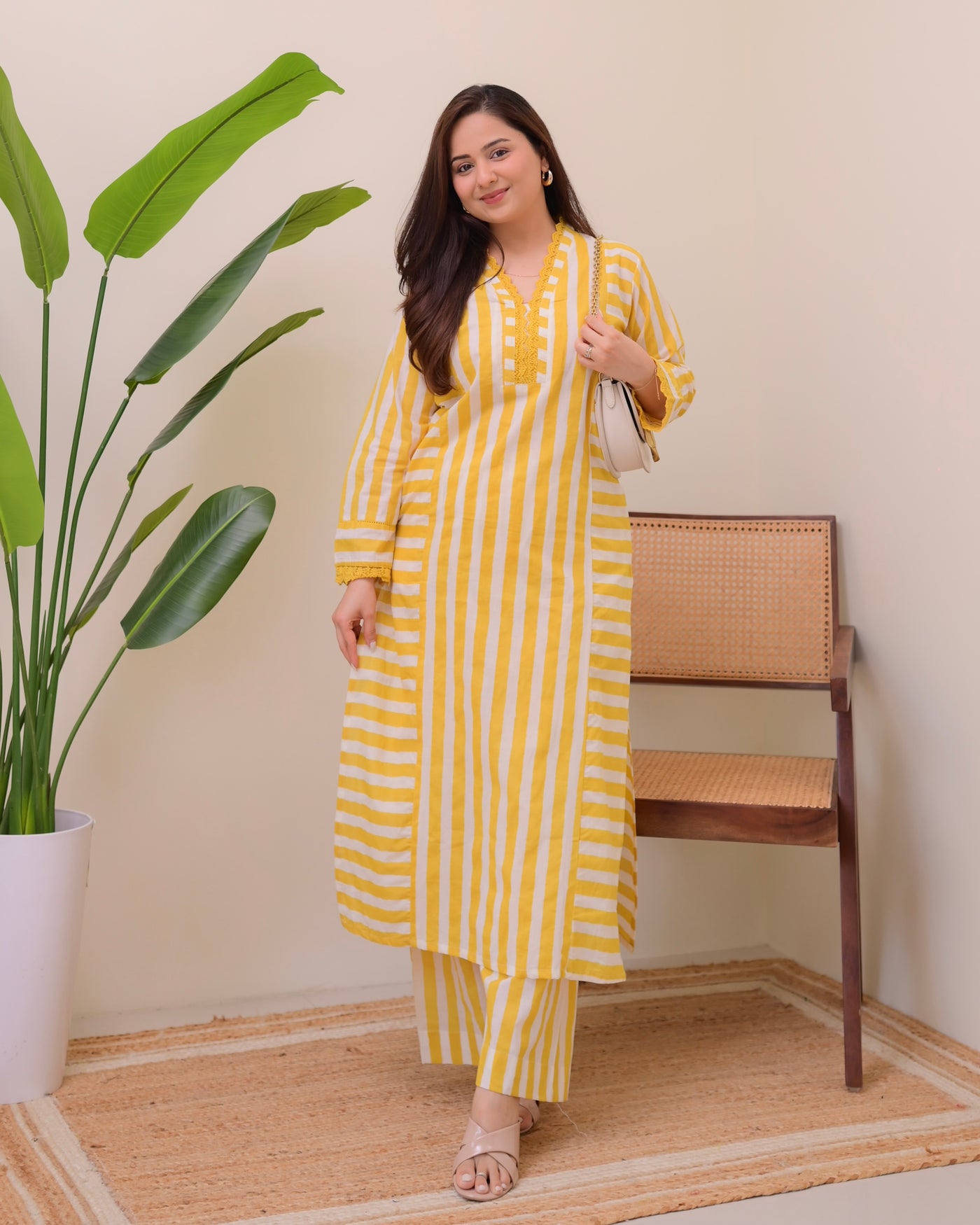 Yellow Sunlit Striped Luxe Cotton Kurta Set