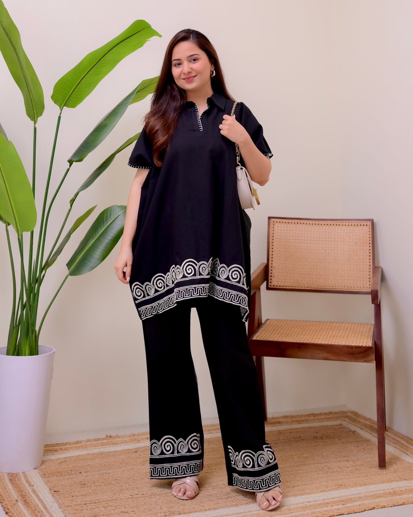Zen Black Threadwork Kaftan Style Cotton Co-ord