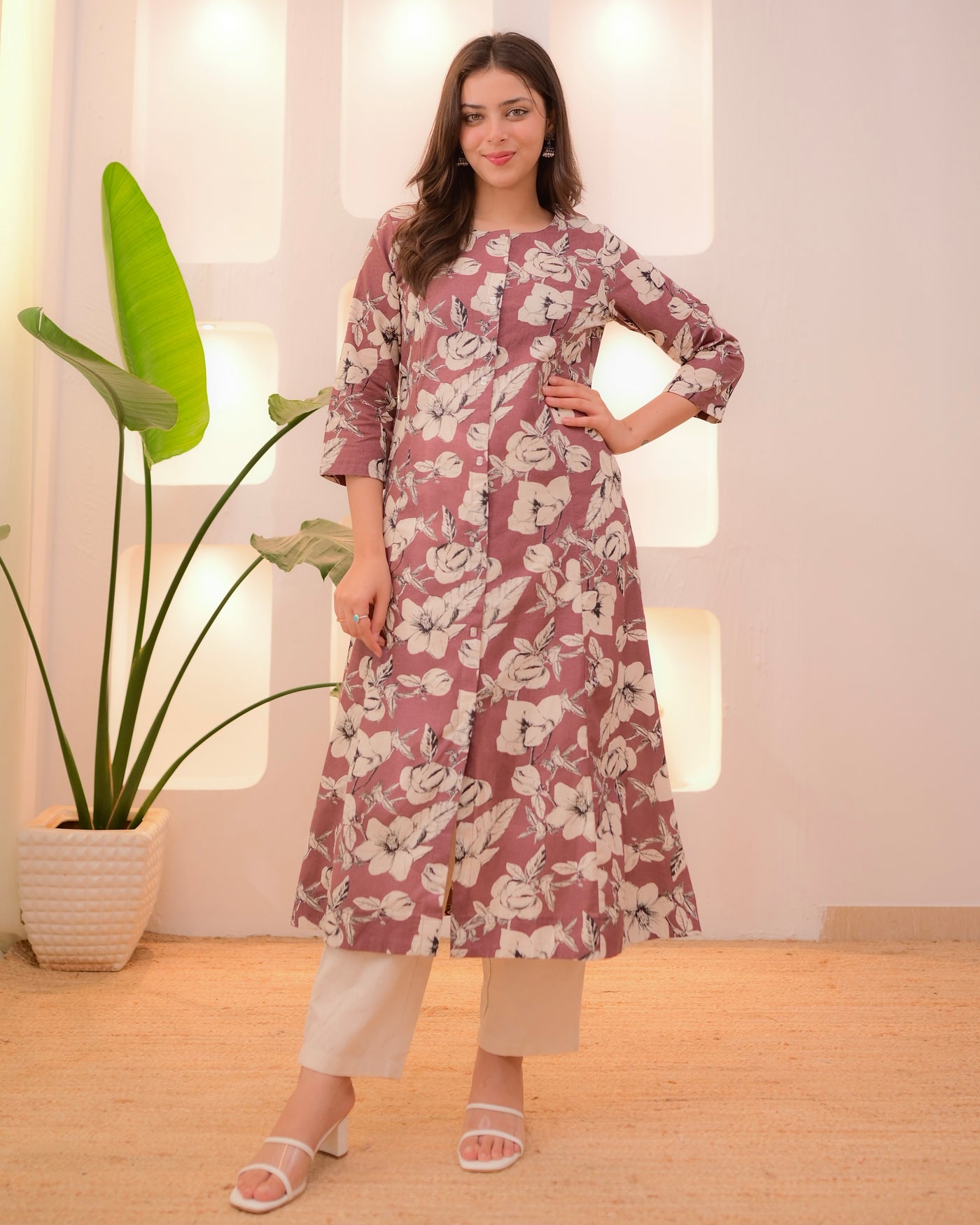 Brown Ivory Floral A Line Cotton Kurta Set