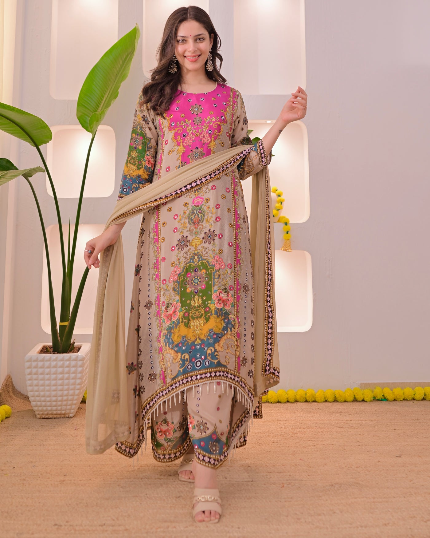 Noor Mahal Golden Beige Handwork Crepe Festive Suit