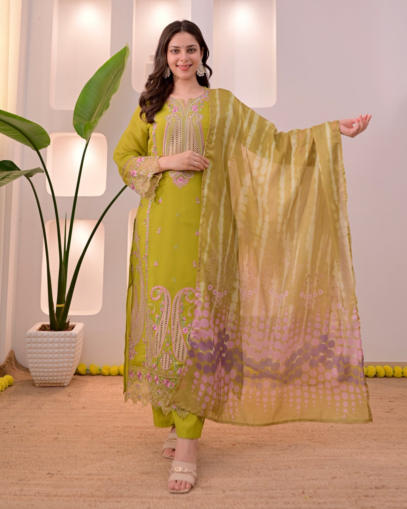 Greenish Yellow Mul Chanderi Pakistani Threadwork Suit