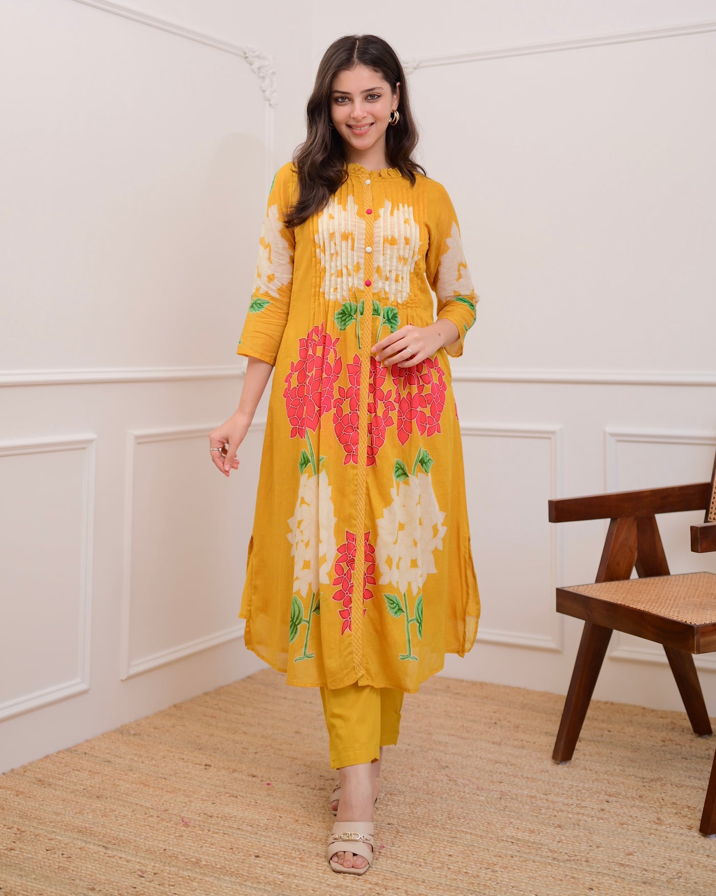 Yellow Bloom Pintex Mul Cotton A Line Kurta Set