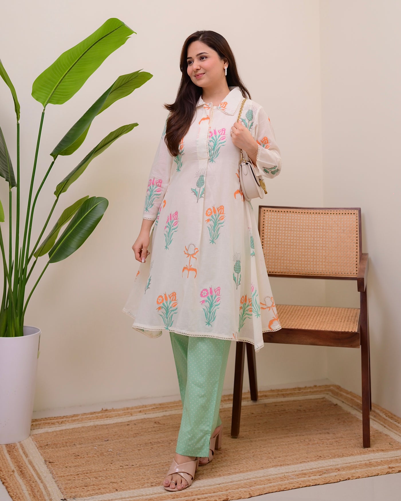 Minty Breeze Garden A Line Cotton Kurta Set