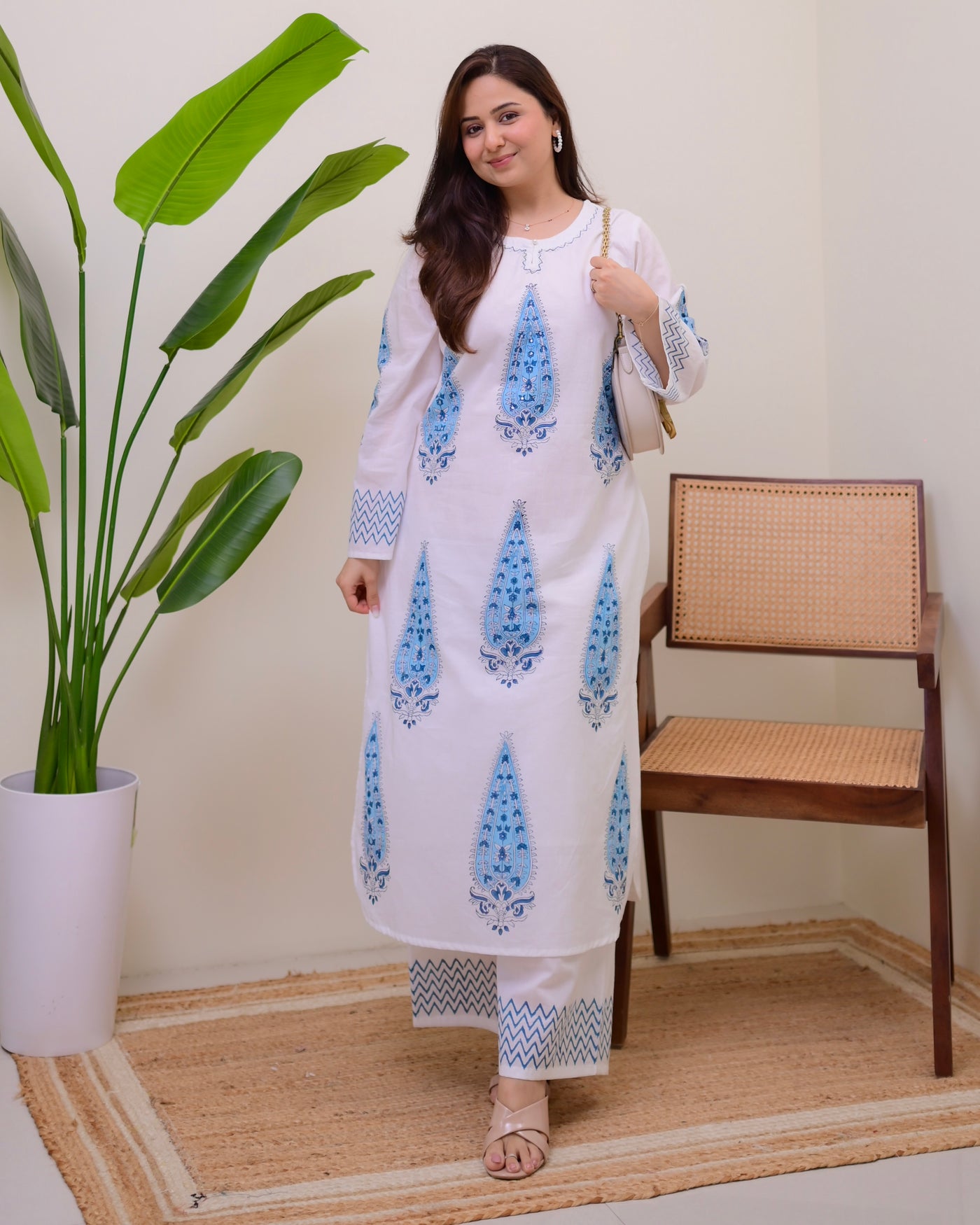 White Blue Pearl Paisley Cotton Kurta Set