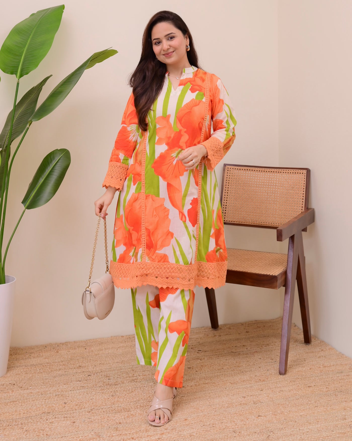 Citrus Garden Lace Premium Cotton A Line Kurta Set