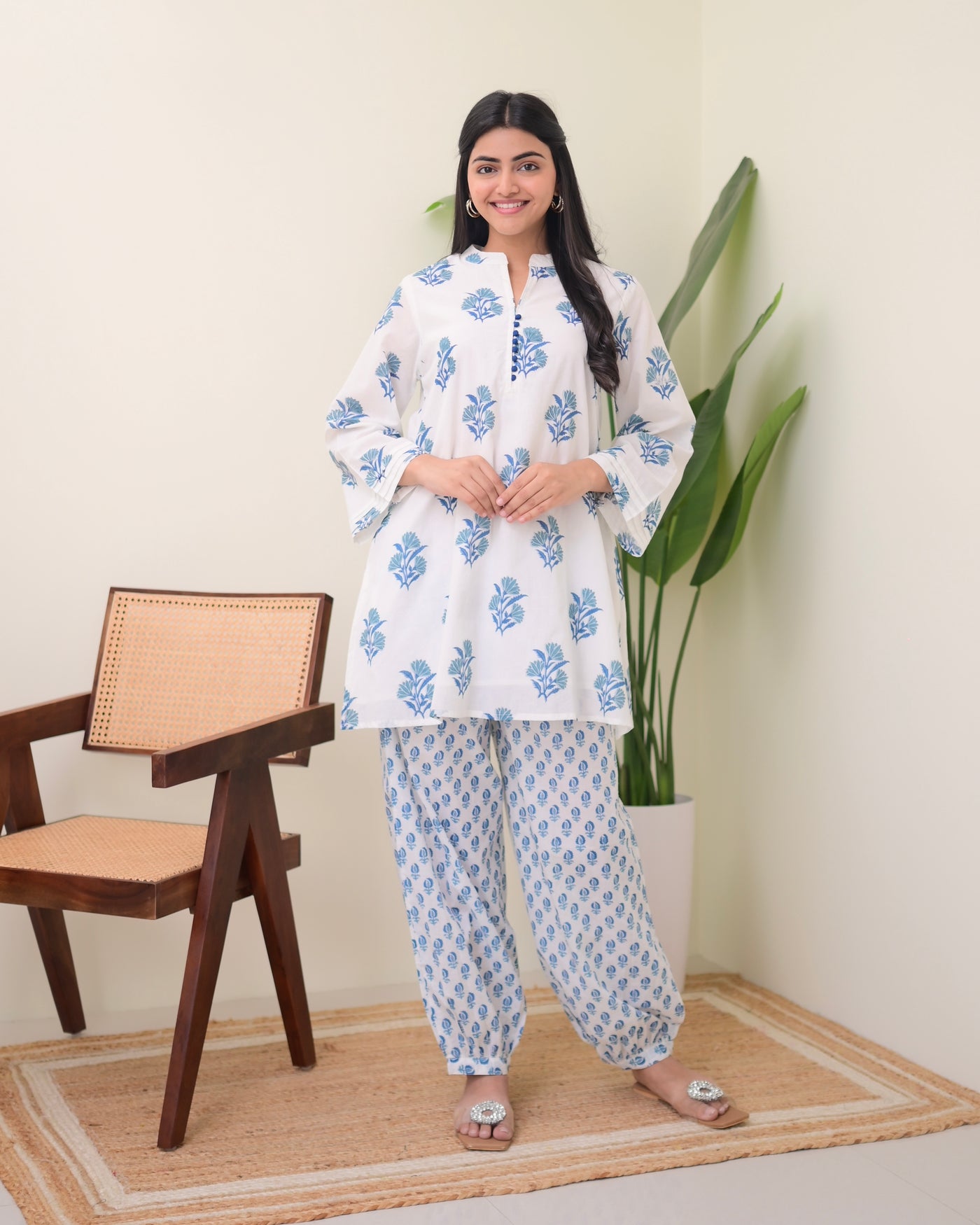 Ivory Blue Mul Cotton Afghani Co-ord