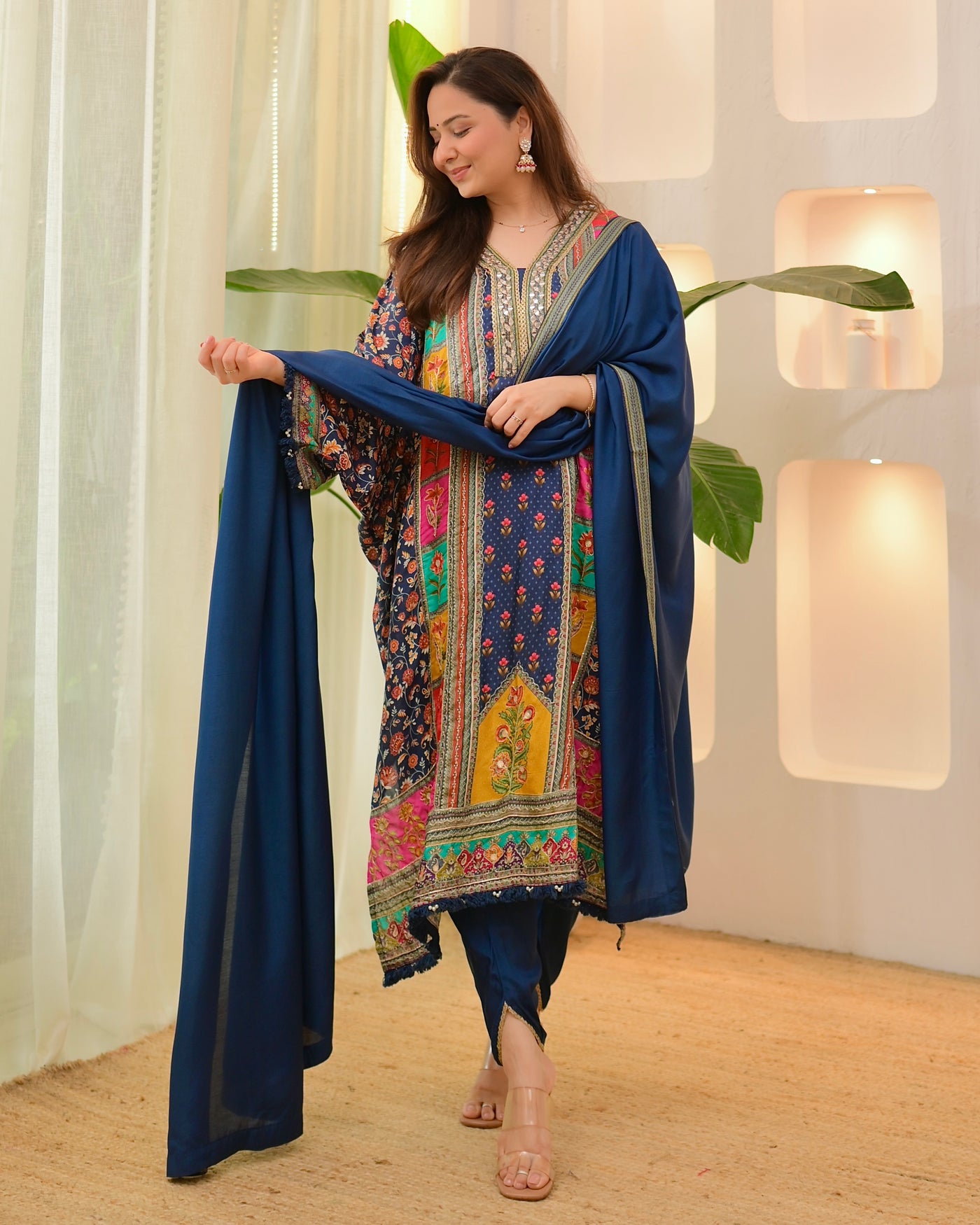Navy Patch Handwork Tulip Muslin Kaftan Suit