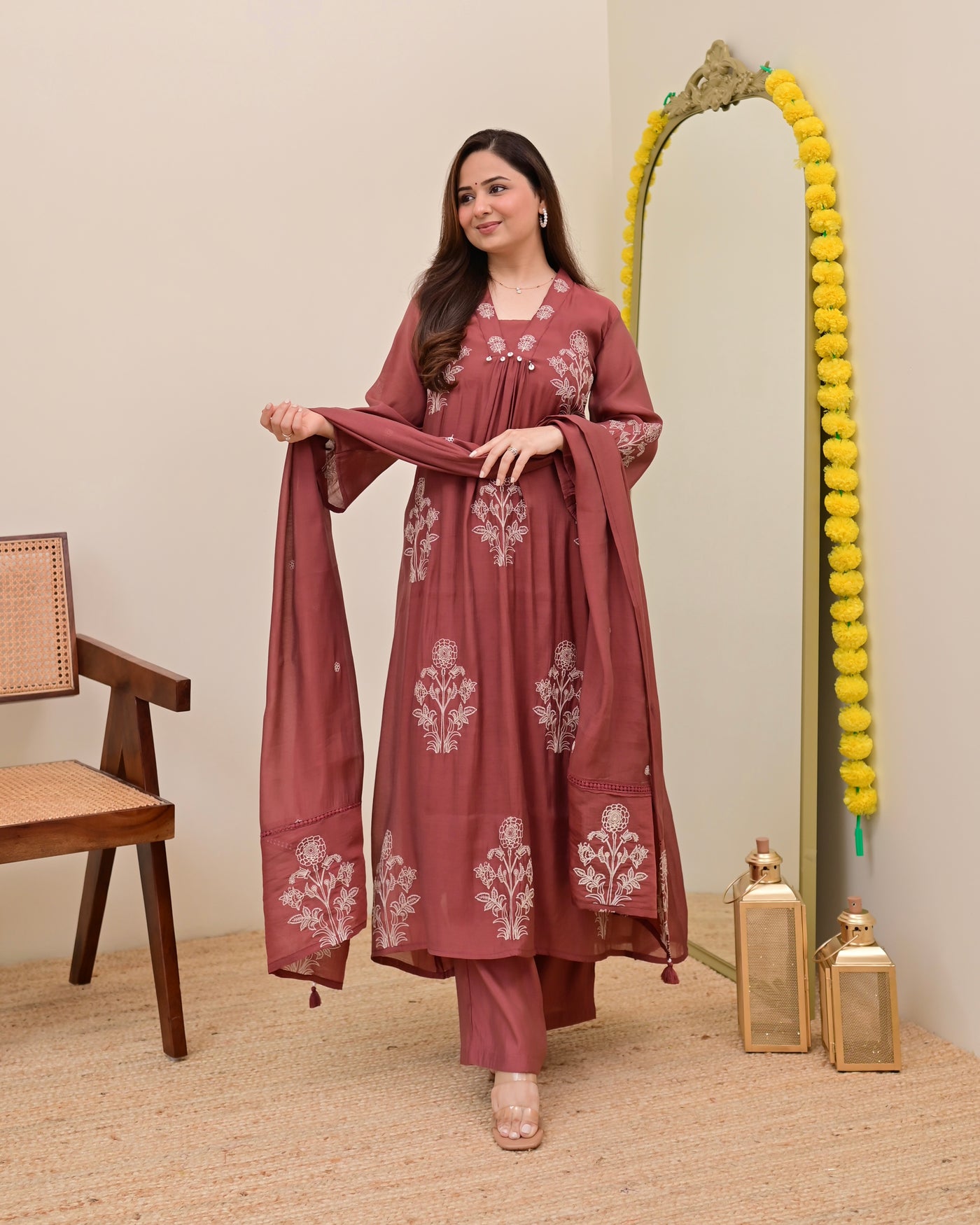 Mauve Muse Threadwork Mul Chanderi A Line Suit