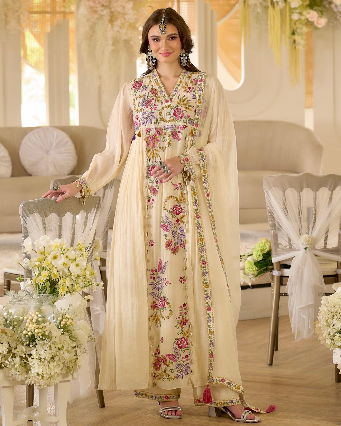 Noor-e-Gul Pearl Threadwork A Line Mul Chanderi Suit