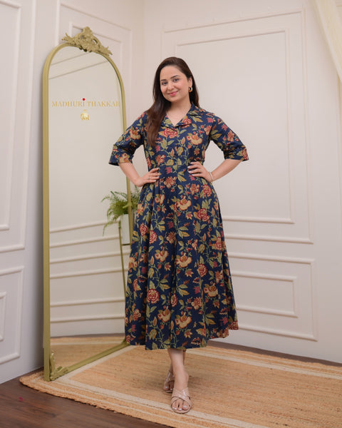 Women Maroon & Navy Blue Printed Maxi Dress
