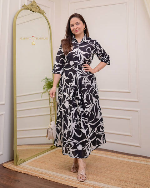 Black Free Hand A Line Cotton Dress