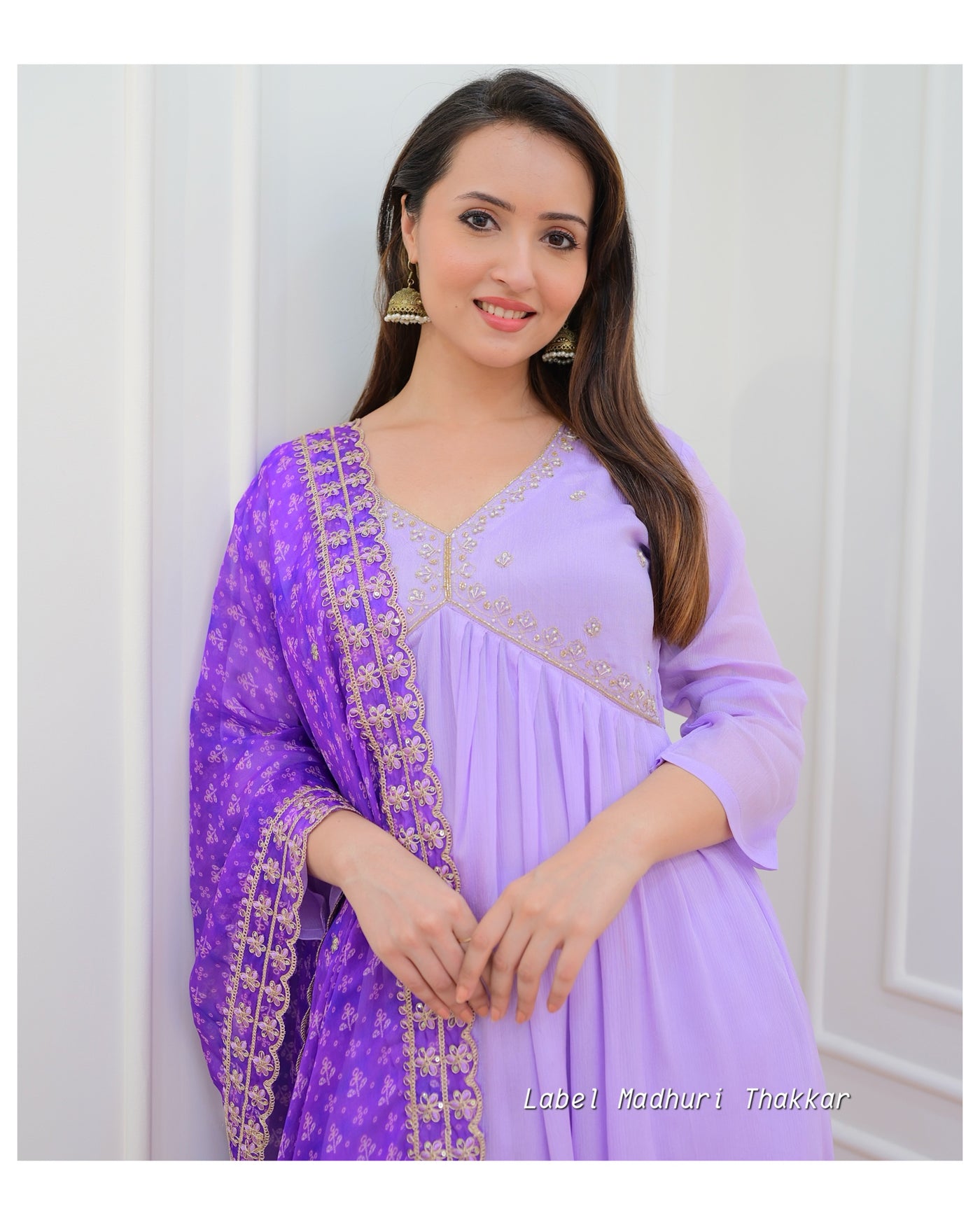 Lilac Purple Bandhani Dupatta Chinnon Anarkali Suit