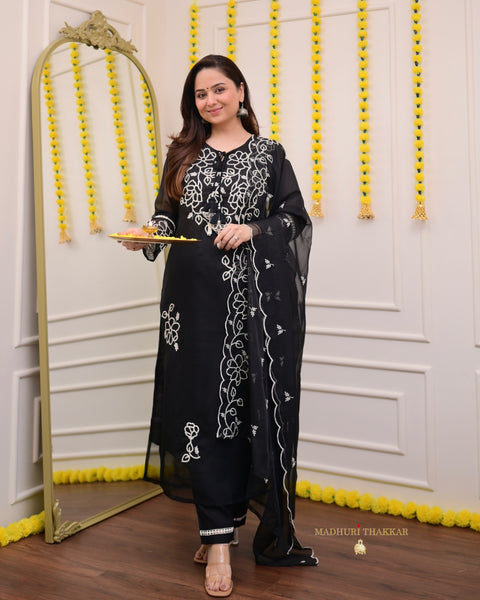 Black Thread Embroidered 3 PC Pure Organza Festive Suit Set For