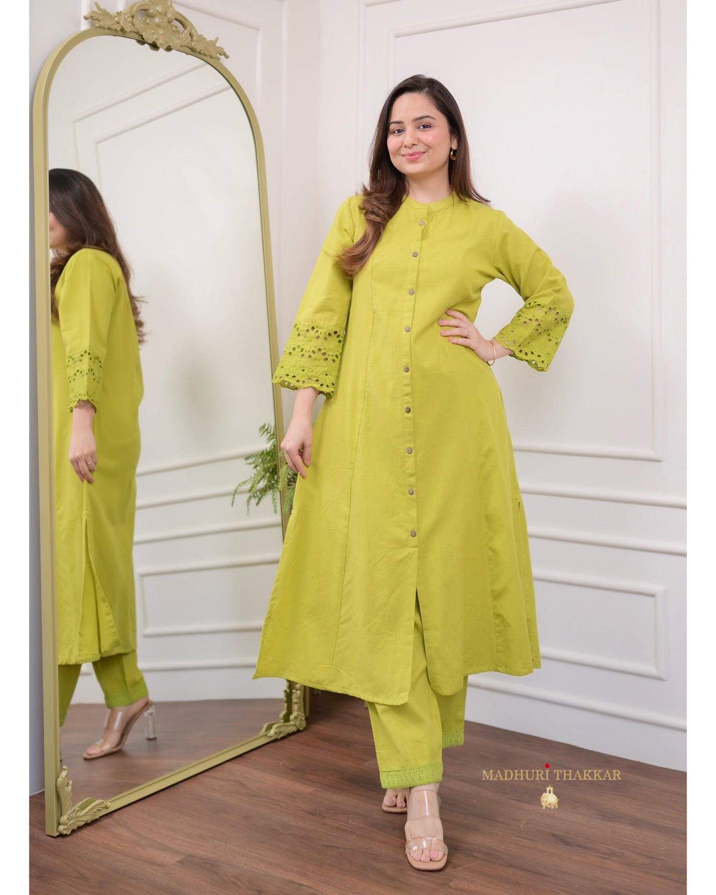 Greenish Yellow A Line Cotton Kurta Set