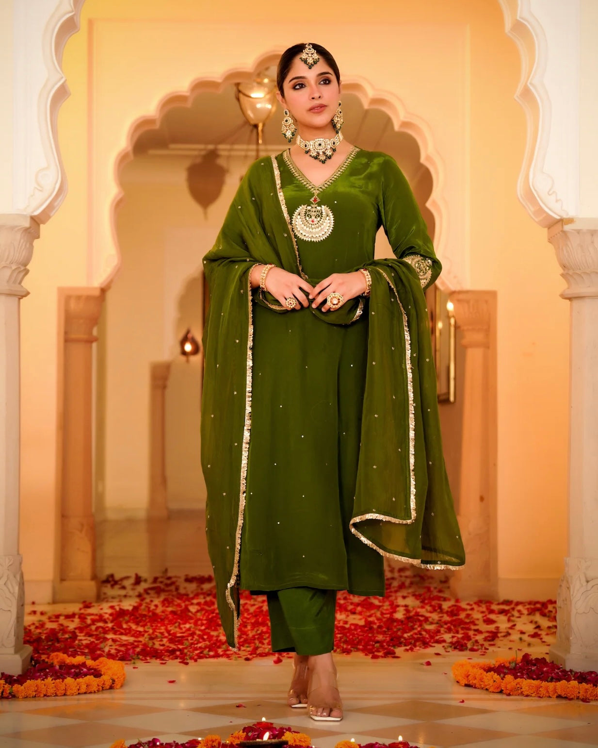Ruhani Green Pure Crepe A Line Festive Suit