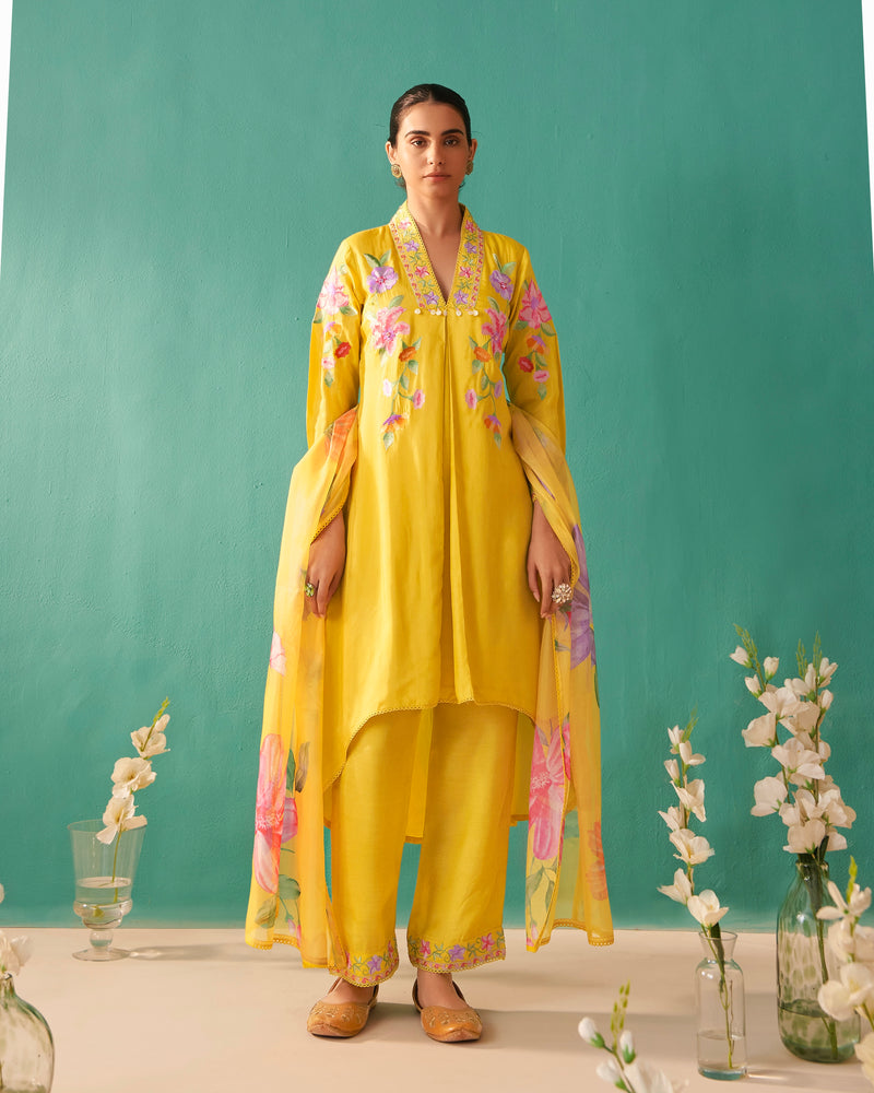 Sunshine Yellow Blush Bloom Threaded Muslin Suit
