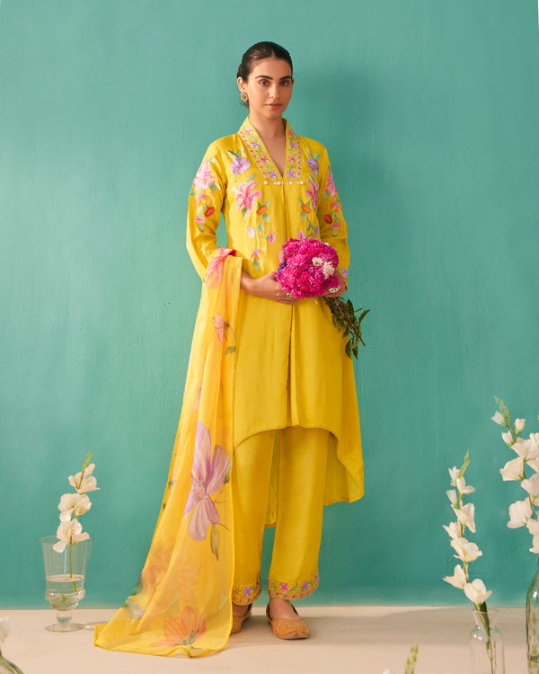Sunshine Yellow Blush Bloom Threaded Muslin Suit