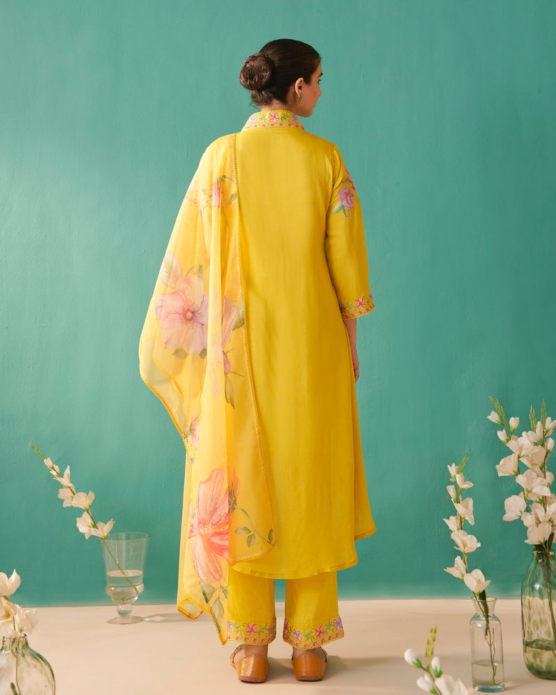 Sunshine Yellow Blush Bloom Threaded Muslin Suit