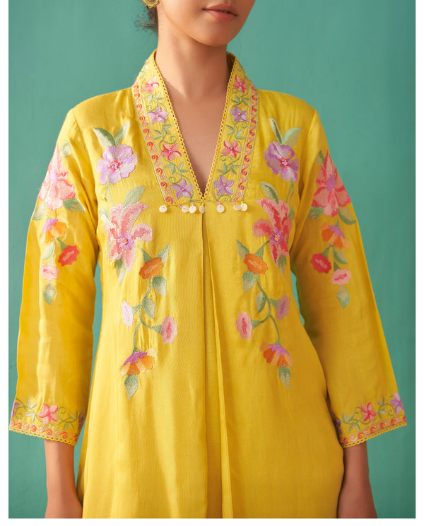 Sunshine Yellow Blush Bloom Threaded Muslin Suit