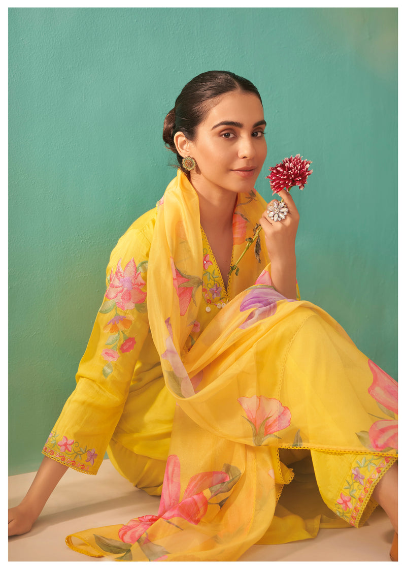 Sunshine Yellow Blush Bloom Threaded Muslin Suit
