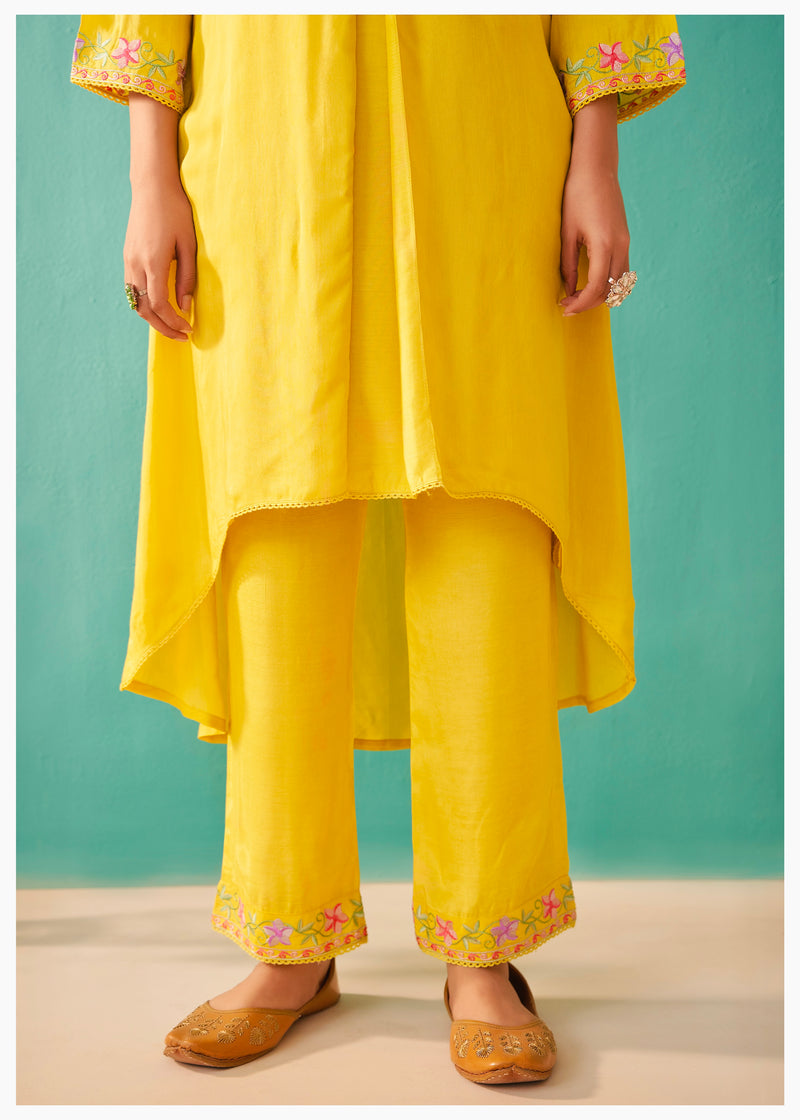 Sunshine Yellow Blush Bloom Threaded Muslin Suit