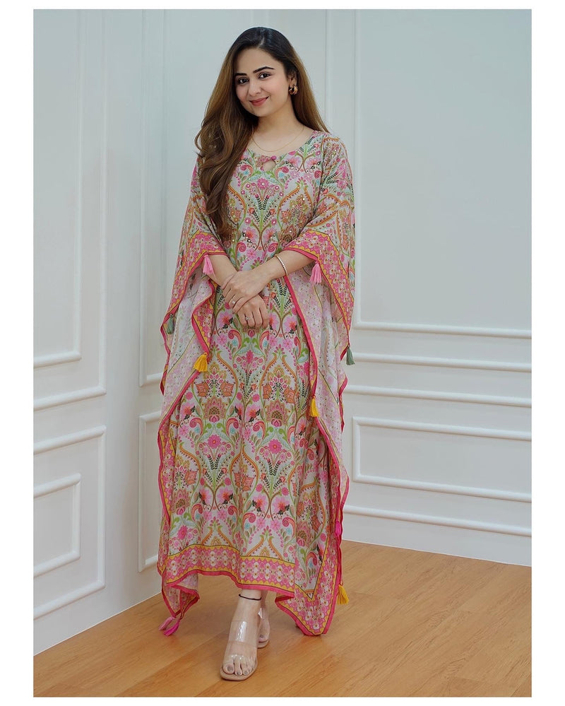 Floral Muslin Embroidered Kaftan