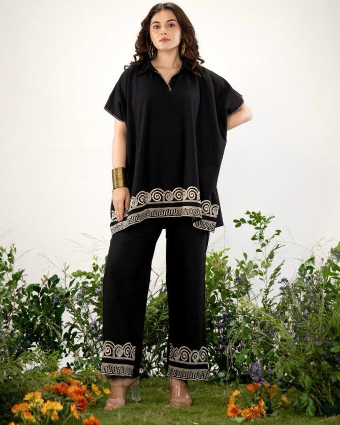 Zen Black Threadwork Kaftan Style Cotton Co-ord