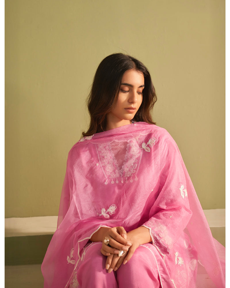 Pink Blush Bloom Threaded Muslin Suit