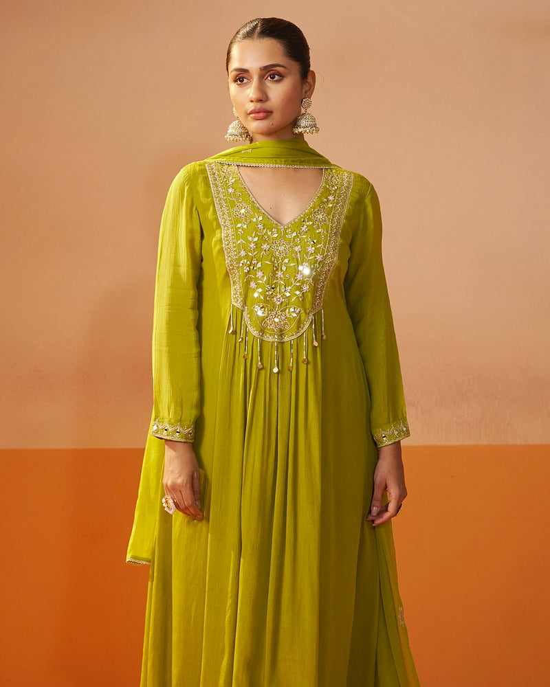 Bright Olive Bloom Chinnon Handwork A Line Festive Suit