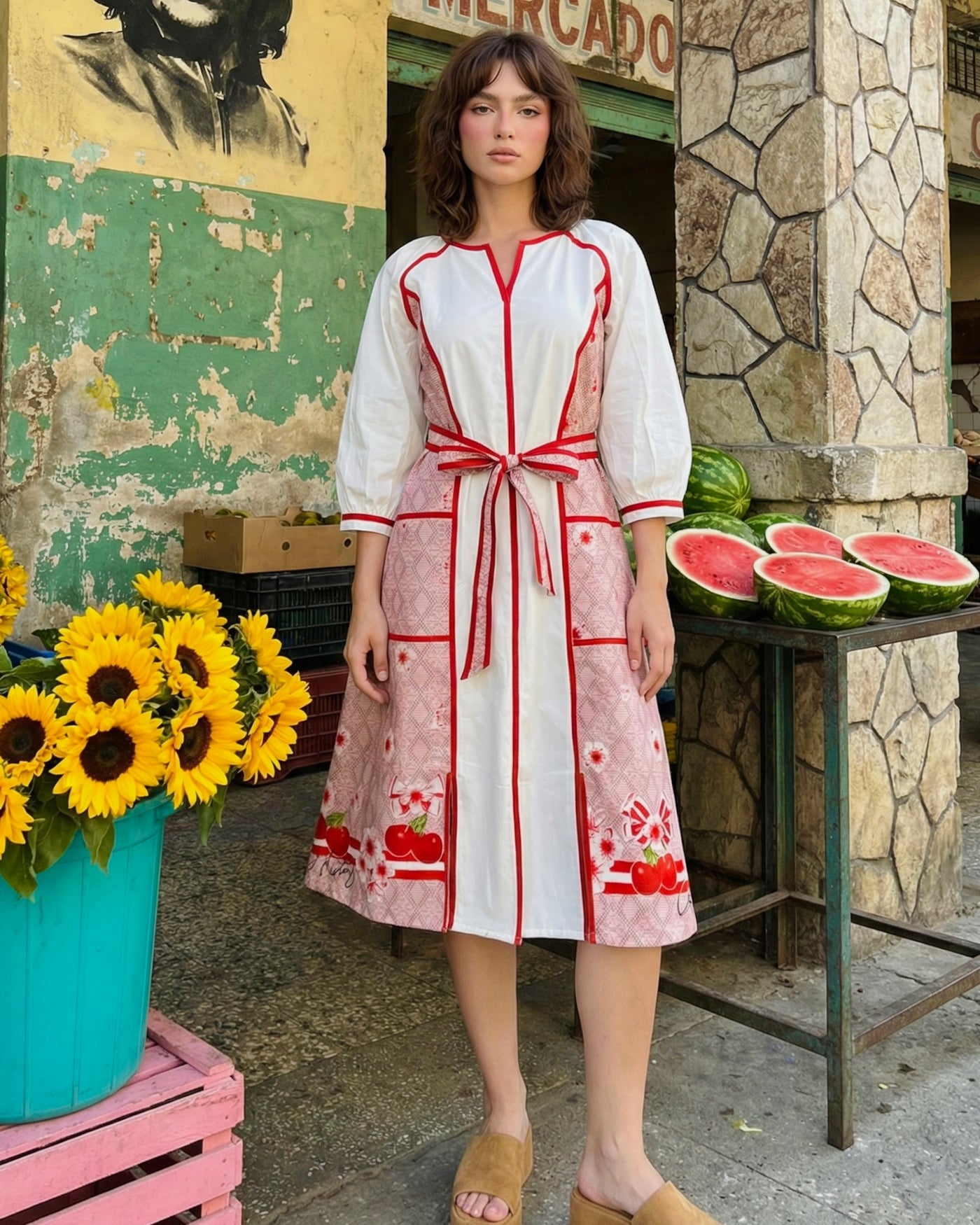 Ivory Scarlet Cherry Breeze A Line Cotton Dress