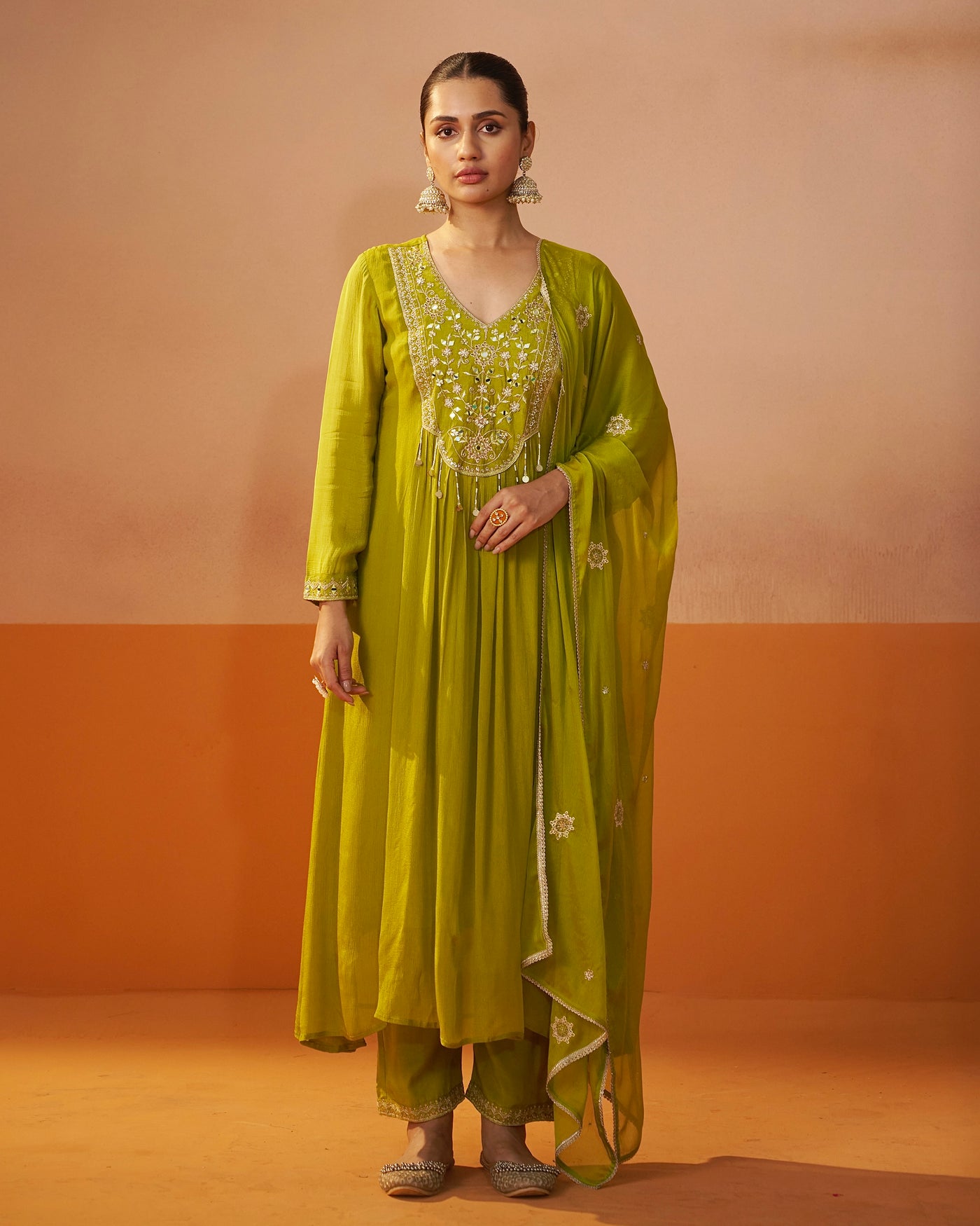 Bright Olive Bloom Chinnon Handwork A Line Festive Suit