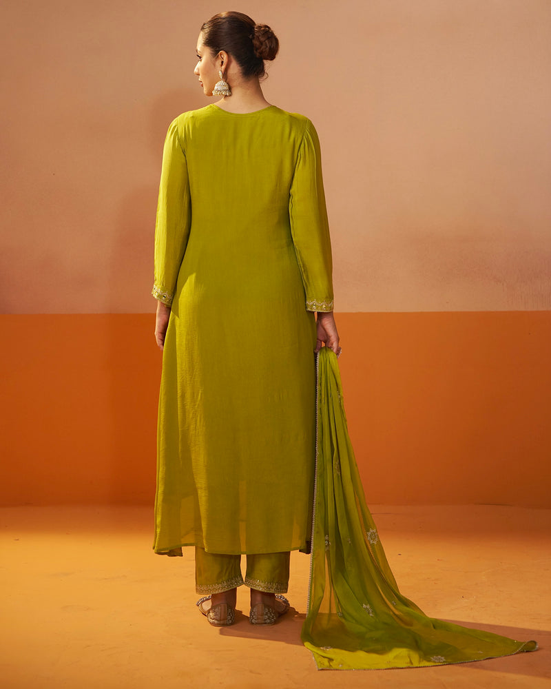 Bright Olive Bloom Chinnon Handwork A Line Festive Suit