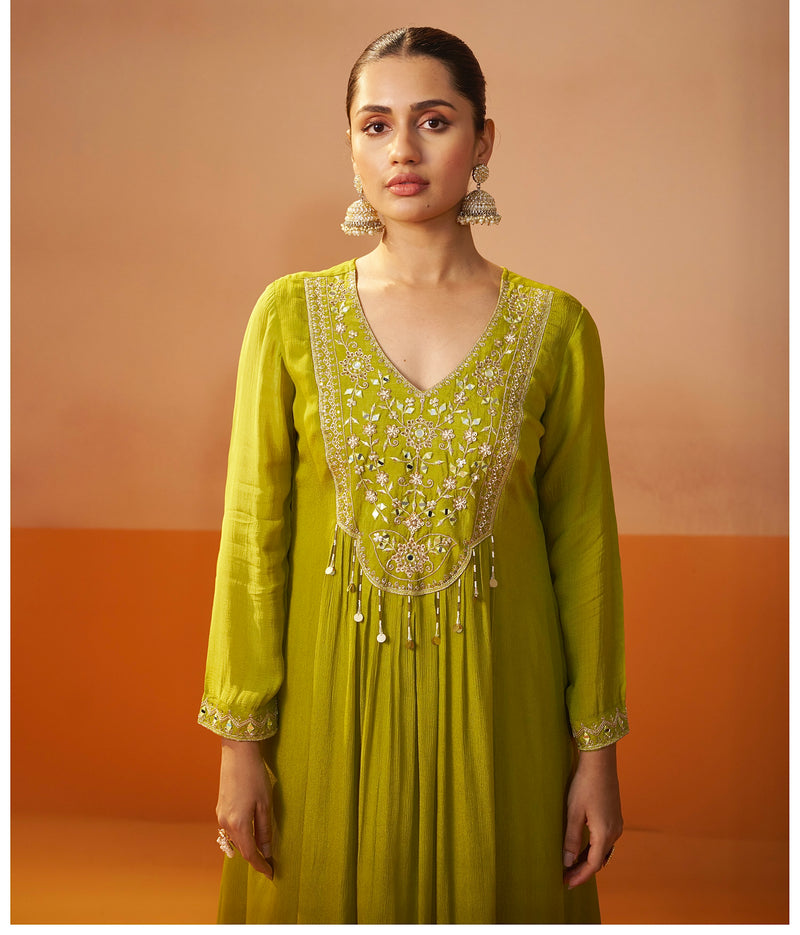 Bright Olive Bloom Chinnon Handwork A Line Festive Suit