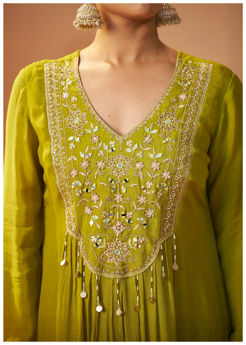 Bright Olive Bloom Chinnon Handwork A Line Festive Suit