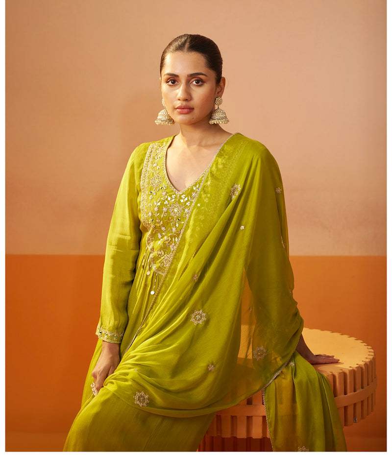 Bright Olive Bloom Chinnon Handwork A Line Festive Suit