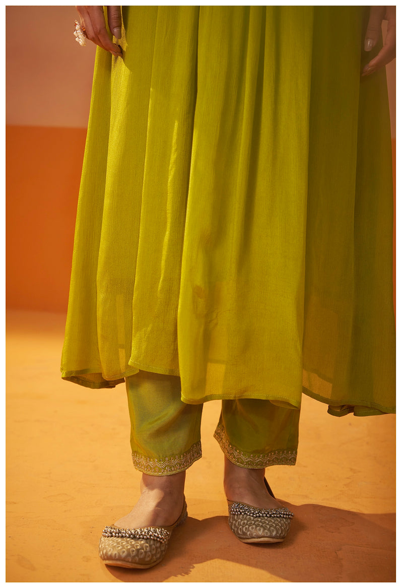 Bright Olive Bloom Chinnon Handwork A Line Festive Suit