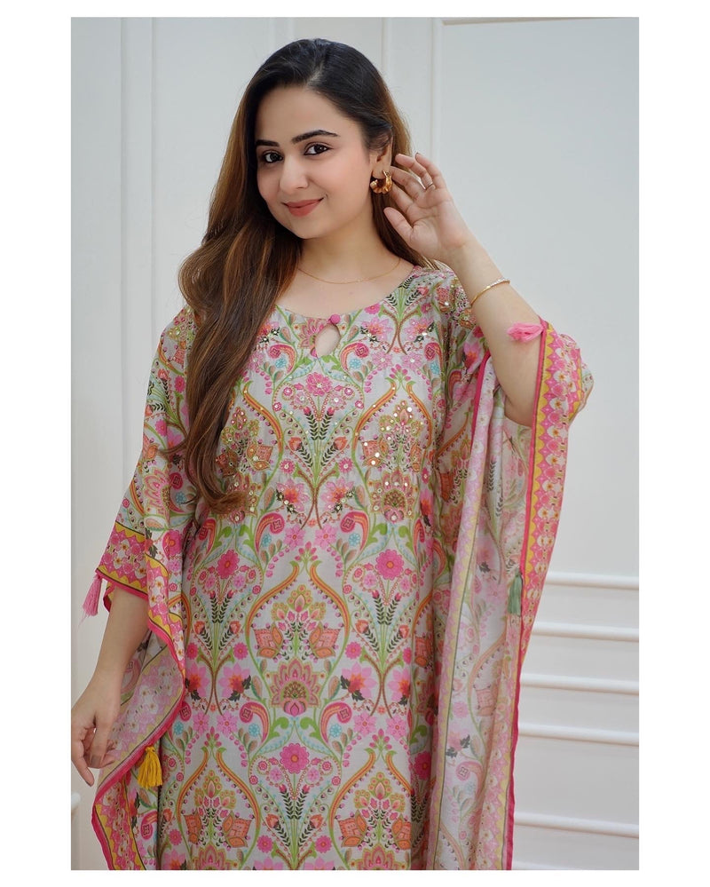 Floral Muslin Embroidered Kaftan