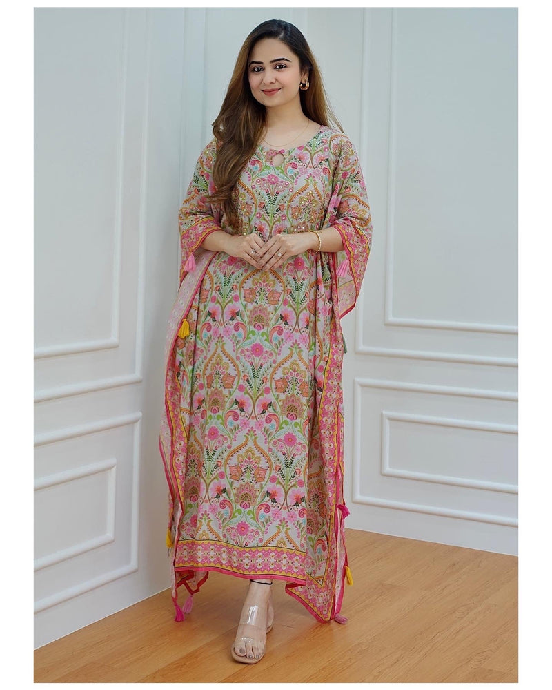 Floral Muslin Embroidered Kaftan