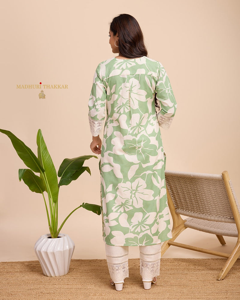 Green Ivory A Line Cotton Kurta Set