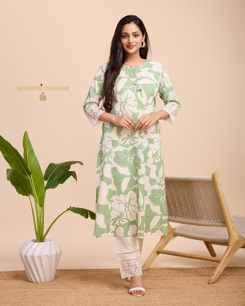 Green Ivory A Line Cotton Kurta Set